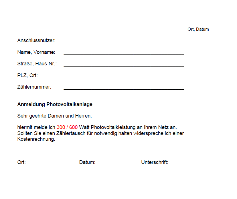 Musterbrief / Vorlage Anmeldung Balkonsolar beim Netzbetreiber